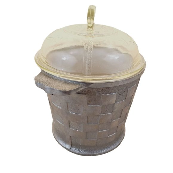1940's Lined 9"x6.5" Pewter Ice Bucket Glass Lid Utensils Vintage Waffle Design - Picture 5 of 10